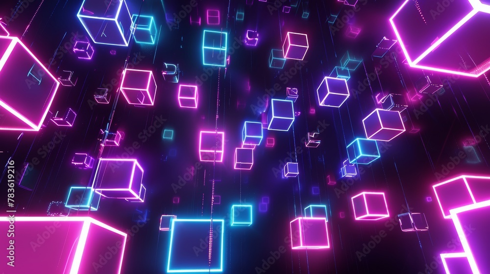 Neon cubes suspended in a sea of darkness 3d style isolated flying objects memphis style 3d render AI generated illustration Neon cubes suspended in a sea of darkness 3d style isolated flying objects memphis style 3d render AI generated illustration