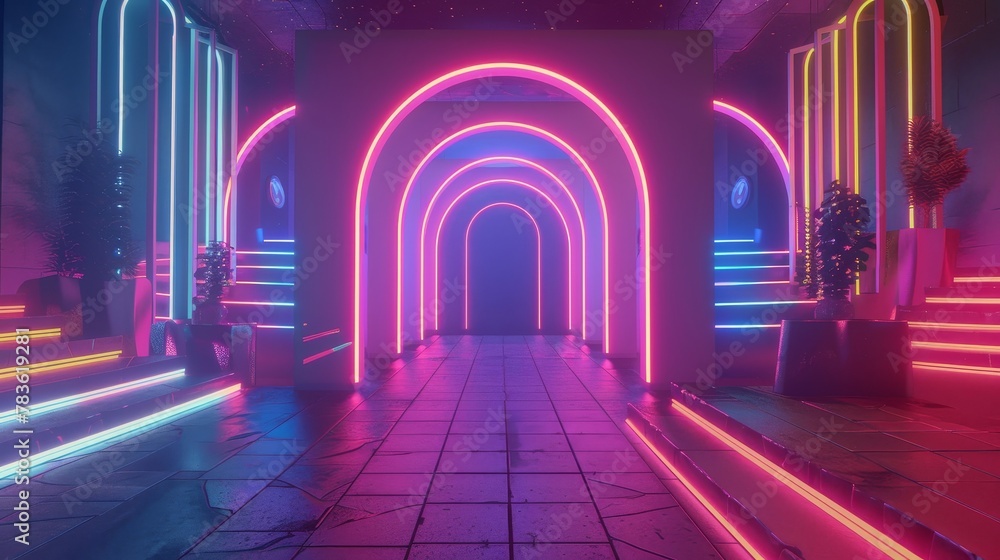 Neon lights glowing in a 3d style background 3d style isolated flying objects memphis style 3d render AI generated illustration Neon lights glowing in a 3d style background 3d style isolated flying objects memphis style 3d render AI generated illustration