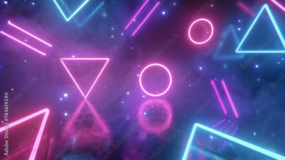 Neon lights glowing in a 3d style background 3d style isolated flying objects memphis style 3d render AI generated illustration Neon lights glowing in a 3d style background 3d style isolated flying objects memphis style 3d render AI generated illustration