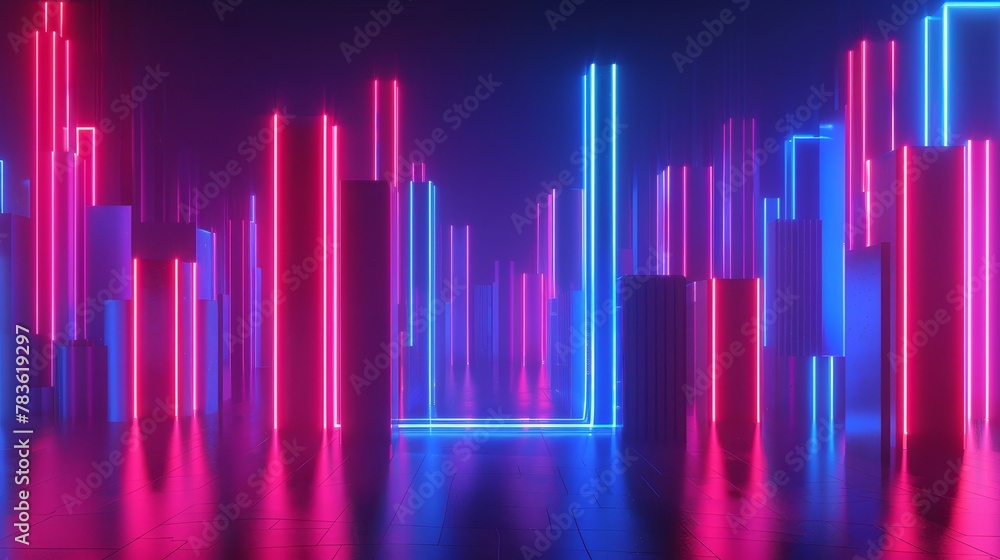 Neon lights glowing in a 3d style background 3d style isolated flying objects memphis style 3d render   AI generated illustration