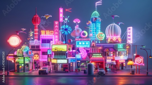 Neon lights and signs in a toy cityscape 3d style isolated flying objects memphis style 3d render AI generated illustration