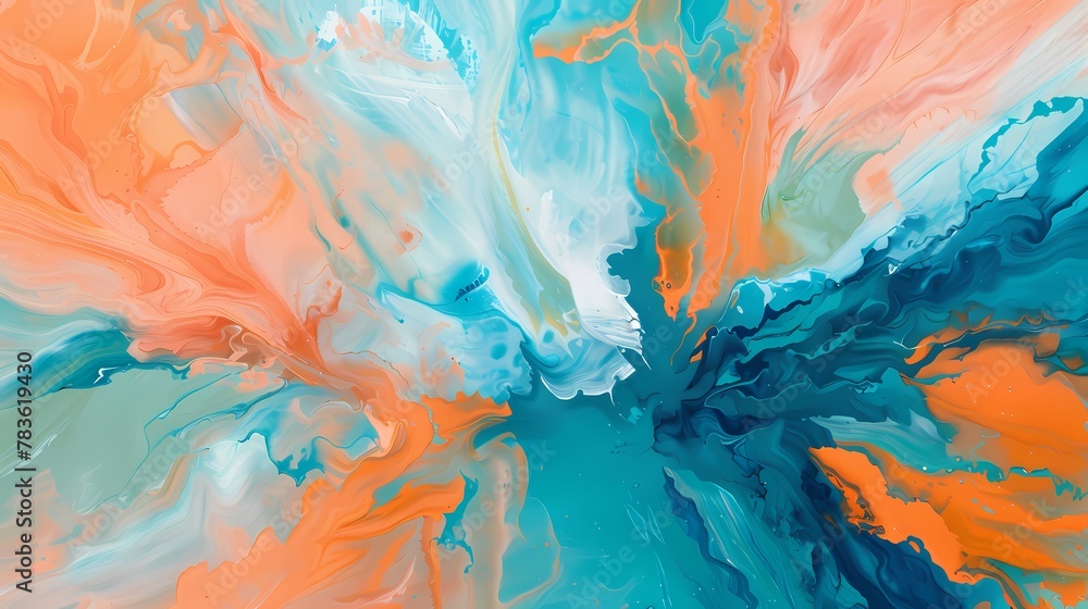 Coral orange and teal blue collide in a tropical-inspired abstract artwork, evoking the spirit of a warm island paradise.