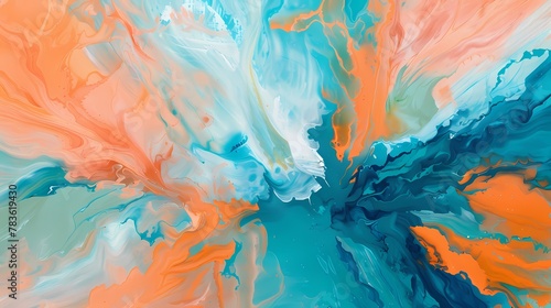 Coral orange and teal blue collide in a tropical-inspired abstract artwork, evoking the spirit of a warm island paradise. photo