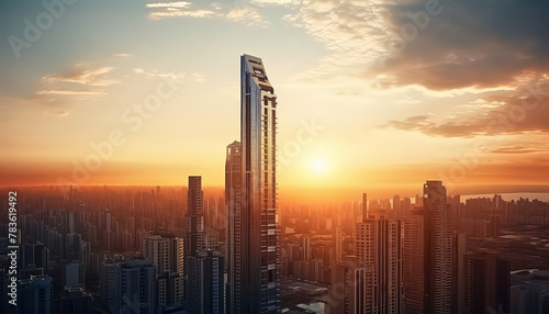 High-rise buildings at sunset