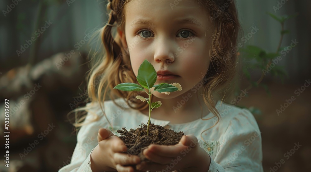 Little kids holding a small plant in soil with organic matter, tree seed Little kids holding a small plant in soil with organic matter, tree seed