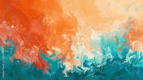 Coral orange and teal blue collide in a tropical-inspired abstract artwork, evoking the spirit of a warm island paradise. photo