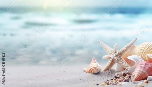 Starfish and seashells on white sand by the sea
