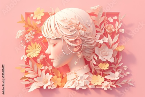 paper art of woman with flowers and leaves, pink background, pink frame around the edges