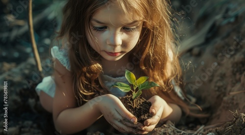 Little kids holding a small plant in soil with organic matter, tree seed © Mark Pollini