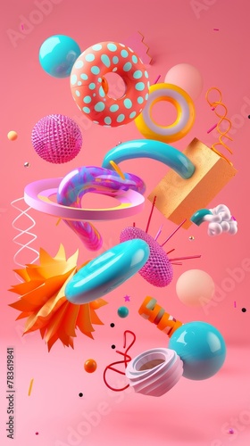 Playful and imaginative flying shapes in a retro-futuristic design 3d style isolated flying objects memphis style 3d render AI generated illustration