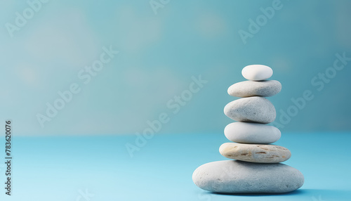 Balancing white stones on blue background