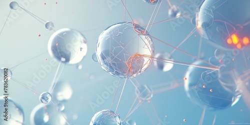 white and orange molecules forming an intricate network. The light blue background creates contrast with the structure's dark gray edges. 