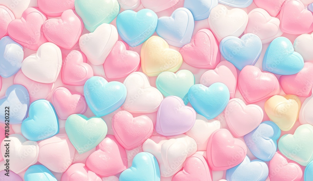 A background of pastelcolored heartshaped marshmallows, arranged in an aesthetically pleasing pattern for Valentine's Day.