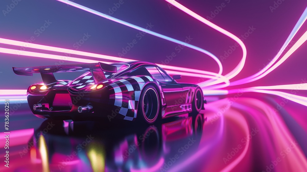 Racing car and checkered flag in a neon color palette 3d style isolated flying objects memphis style 3d render   AI generated illustration