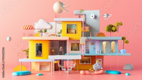 Quirky dollhouses with unique architectural details 3d style isolated flying objects memphis style 3d render AI generated illustration