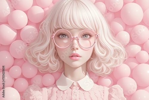 A beautiful woman with white hair and pink makeup, wearing glasses made of candy photo