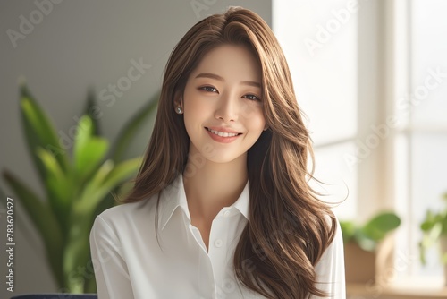A beautiful young Korean woman in her early thirties, wearing professional attire and smiling softly as she stands against the wall of an office