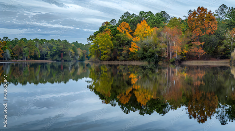 A peaceful lake reflecting the colors of the surrounding trees.


