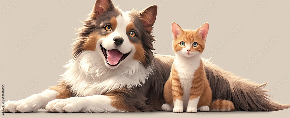A brown and white cat sits next to border collie dog