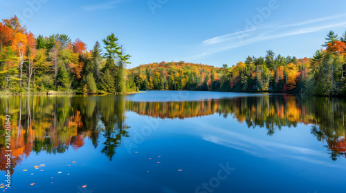 A peaceful lake reflecting the colors of the surrounding trees. 