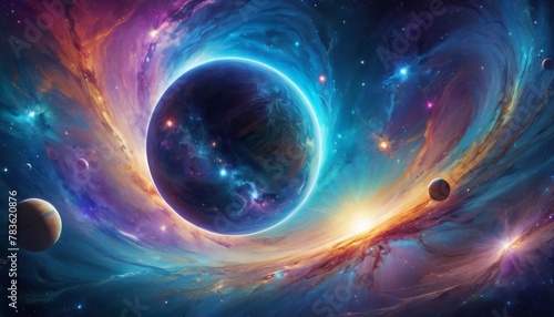 A stunning space fantasy illustration depicting a vibrant cosmic vortex with planets, signifying the majestic vastness of the universe.. AI Generation