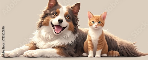 A brown and white cat sits next to border collie dog © Photo And Art Panda