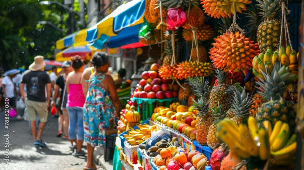 Festive and Colorful Atmosphere at a Vibrant Street Market in Rio de Janeiro, Featuring Samba Music