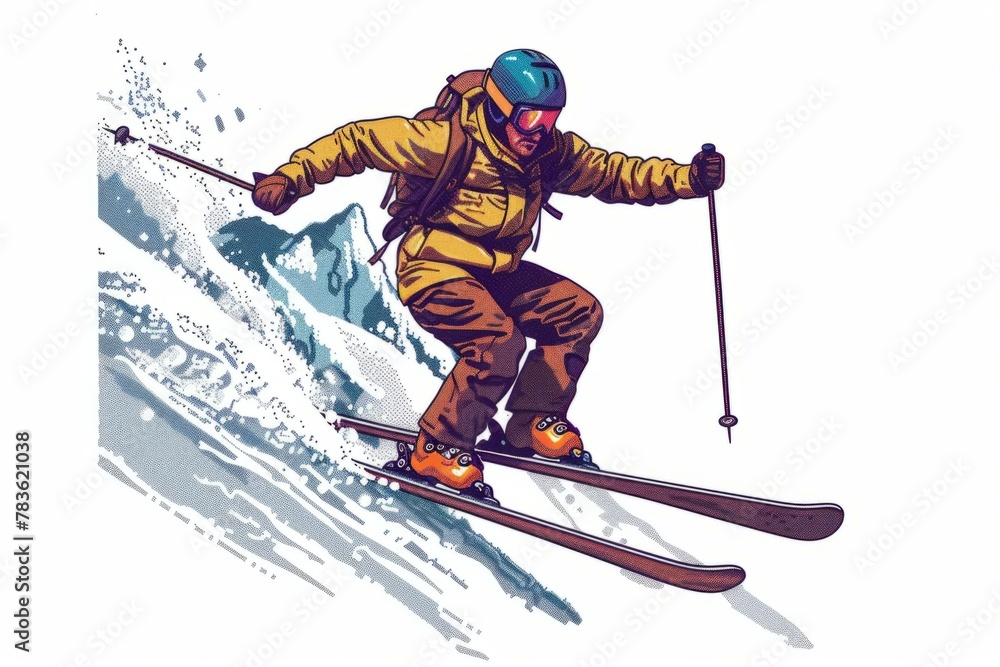 Retro style illustration of a skier in action on a snowy slope, winter adventure theme Retro style illustration of a skier in action on a snowy slope, winter adventure theme