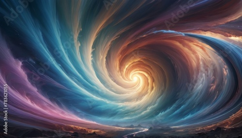 A mesmerizing digital artwork portraying an expansive swirl of colors resembling a galaxy, with dynamic movement creating a sense of cosmic flow.. AI Generation