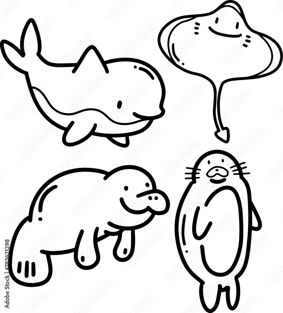 aquatic animals doodles element design. aquatic animals doodles element design.