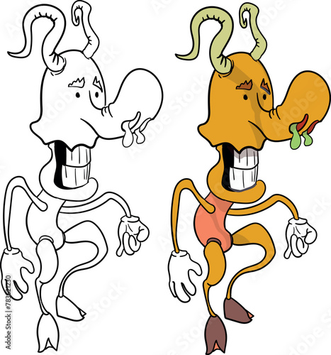 Cartoon horned character with hooves and snot from a big nose. It could be a little devil, a satyr, a demonic representative of Hell, or a scary and cunning clown.