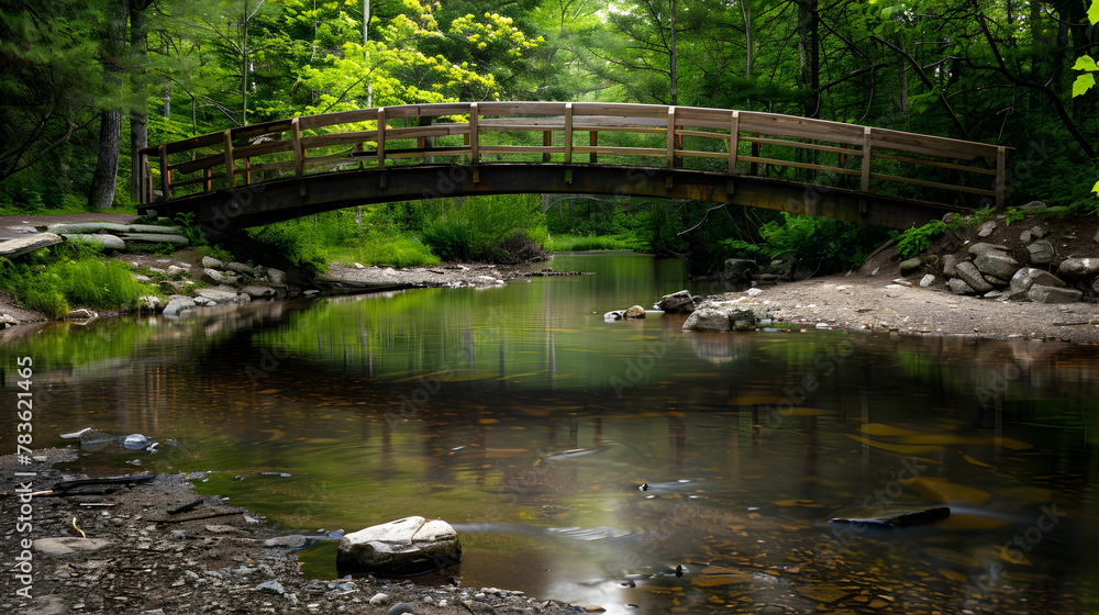 A wooden bridge crossing a tranquil stream.
A wooden bridge crossing a tranquil stream.