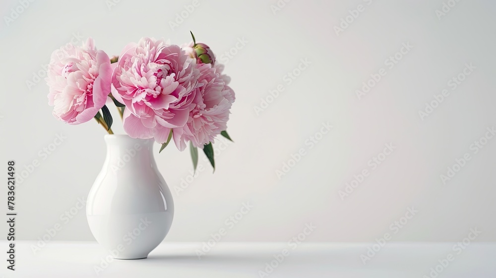 an elegant affair with a photograph featuring pink lush peonies arranged in a white vase, set against a light background, offering empty space for text or invitations. an elegant affair with a photograph featuring pink lush peonies arranged in a white vase, set against a light background, offering empty space for text or invitations.