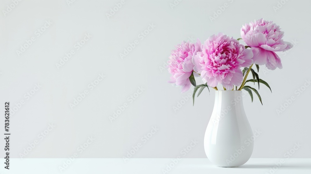 an elegant affair with a photograph featuring pink lush peonies arranged in a white vase, set against a light background, offering empty space for text or invitations. an elegant affair with a photograph featuring pink lush peonies arranged in a white vase, set against a light background, offering empty space for text or invitations.