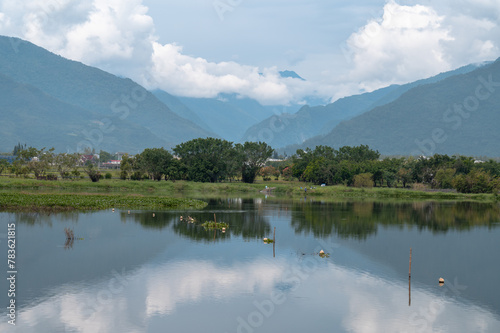 Peaceful scene in the Dapochih wetland, trees growing in the middle, and mountain reflects on the lake, in Chishang, Taitung, Taiwan.