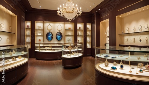 A sophisticated digital rendering of an upscale jewelry store interior, with luxurious showcases displaying exquisite pieces under warm lighting.. AI Generation photo