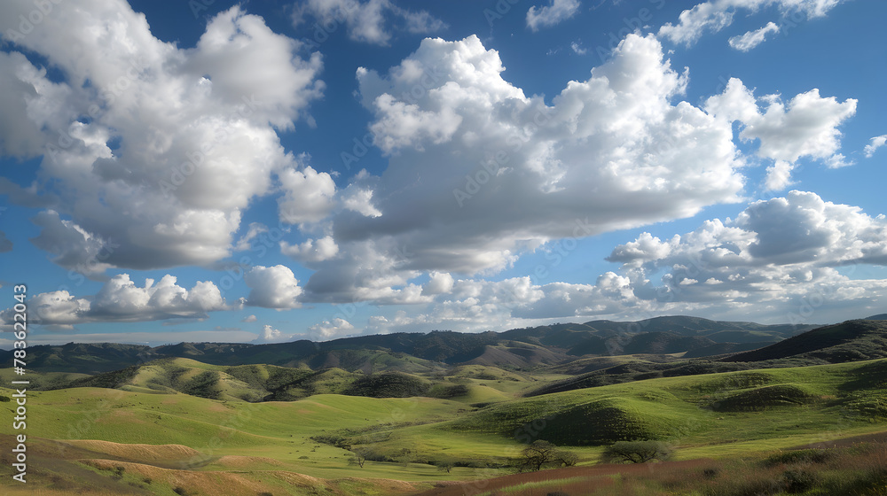 Fluffy clouds casting shadows on rolling hills.



