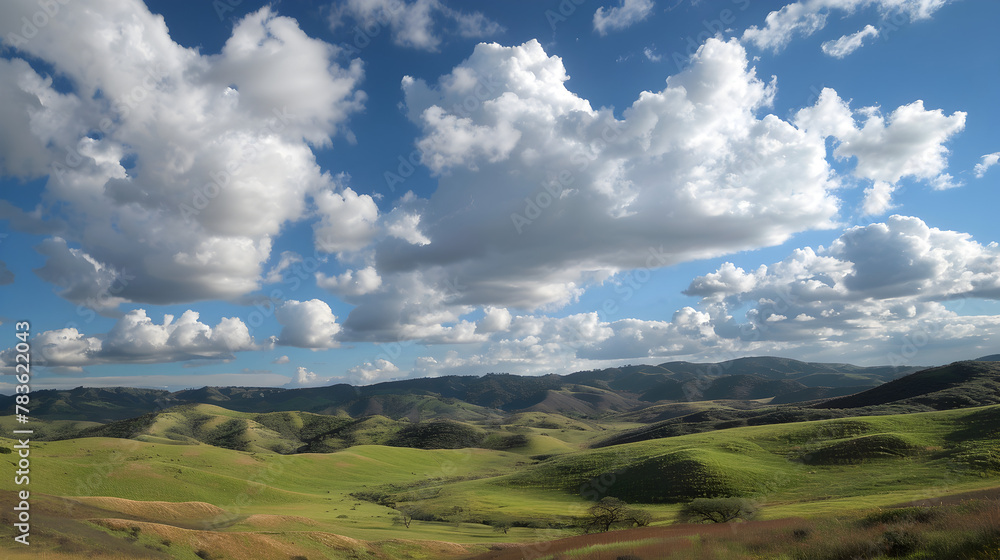 Fluffy clouds casting shadows on rolling hills.
Fluffy clouds casting shadows on rolling hills.