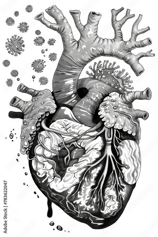 An artistic monochrome illustration showcases a detailed human heart ...