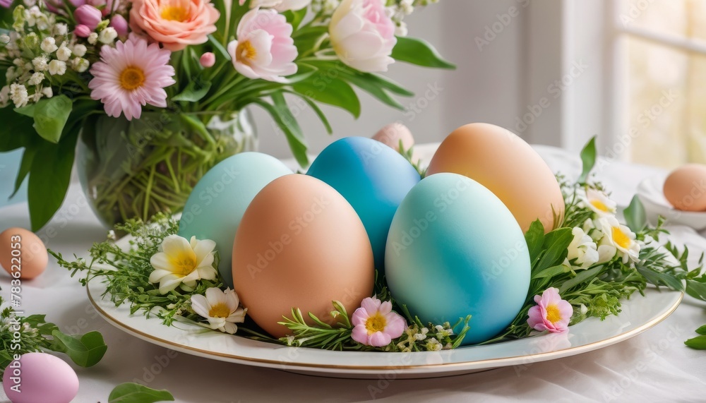 A delicate arrangement of pastel-colored Easter eggs amidst a floral setting, suggesting the freshness of spring.. AI Generation
