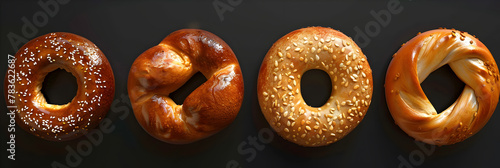 Donuts with icing sugar, sprinkles on a plate against black background. Fresh pastries, delicious pretzels on the table and dark background Homemade sweet pastries close-up. bagels with sesame seeds  photo