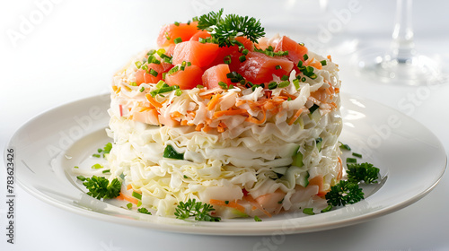 original salad with caviar, tomatoes and lettuce,Red tomatoes from above are strewed by grated cheese,Delight Heavenly Baked Potato Slices with Cream Cheese and Salmon
