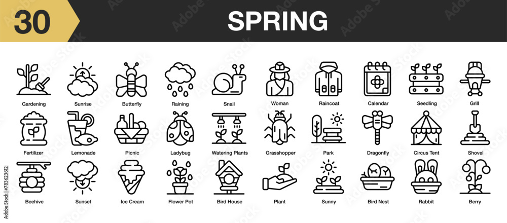 Set of 30 spring icon set. Includes grill, park, raining, shovel, sunrise, bird nest, picnic, and More. Outline icons vector collection.