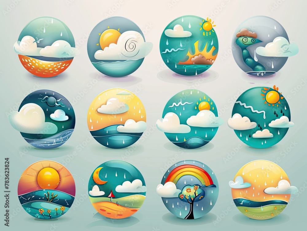 Stylized weather icons set against a backdrop of corresponding weather scenes