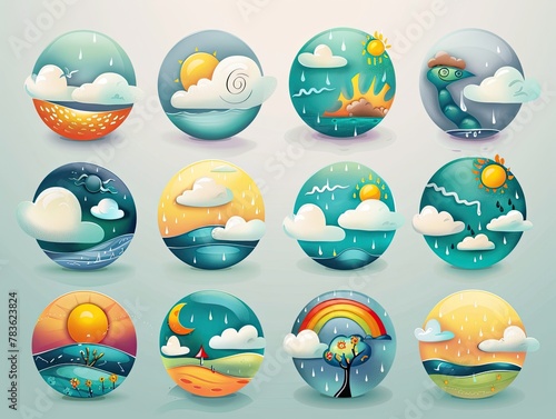 Stylized weather icons set against a backdrop of corresponding weather scenes