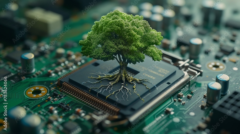 AI generated illustration of a tiny green tree growing on a computer ...