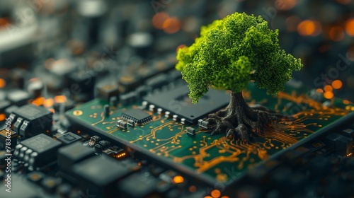 AI generated illustration of a tiny green tree growing on a computer chip © Wirestock