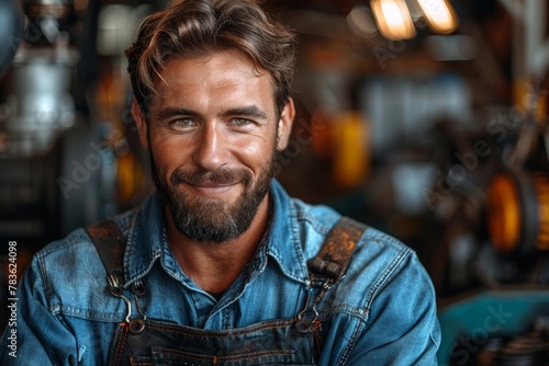 A portrait of a cheerful, bearded man in a denim apron, suggesting he is a craftsman or artisan