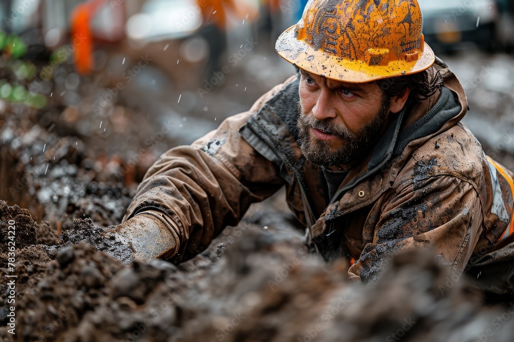 Image of a focused construction worker covered in mud, highlighting the intensity of physical labor and effort Image of a focused construction worker covered in mud, highlighting the intensity of physical labor and effort