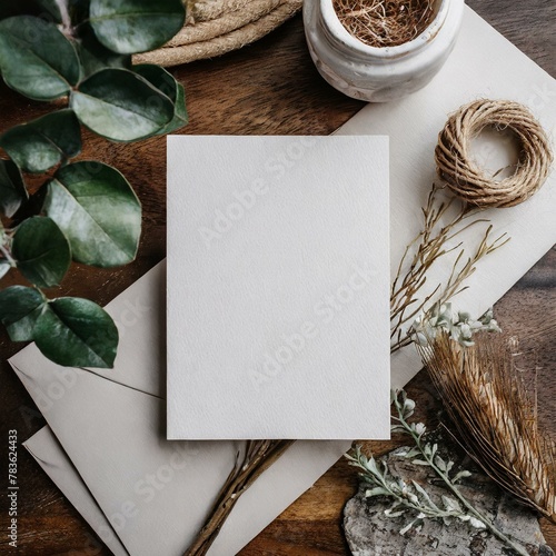 note paper on table.this close-up, top-view flatlay featuring a pristine white greeting card placed elegantly on a table. This mock-up offers a minimalist yet stylish presentation, perfectly complemen